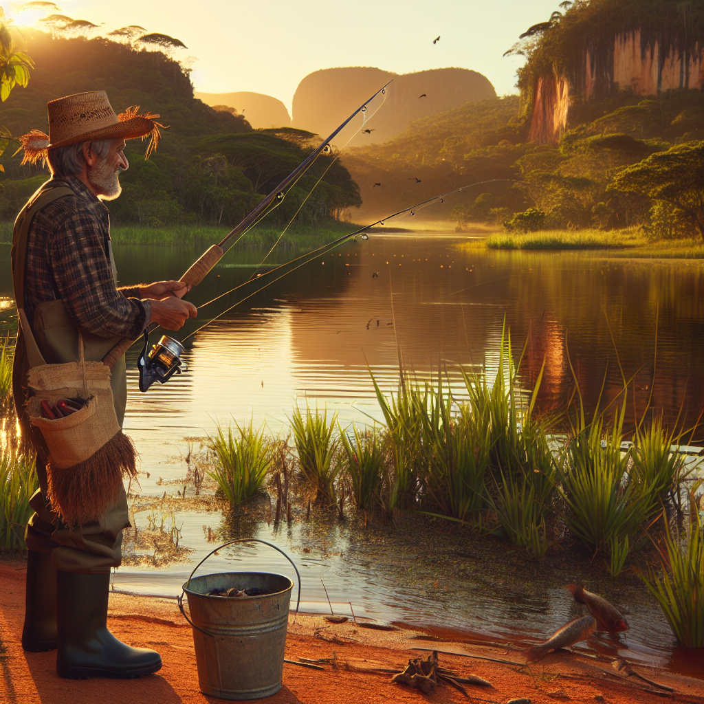 Um pescador em um lago tranquilo, cercado por belas paisagens, com seu equipamento de pesca preparado e pronto para ação.