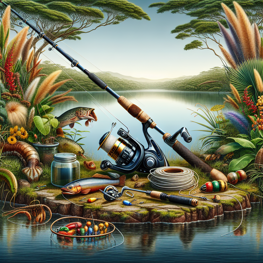 Equipamento de pesca completo com vara, molinete, iscas e linha em um cenário natural à beira de um lago.