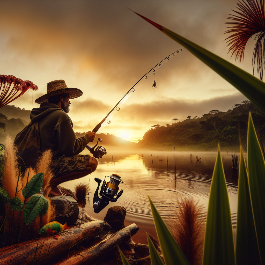 Uma imagem mostrando um iniciante pescador à beira de um lago, ao amanhecer, com seu equipamento básico de pesca, destacando uma vara e um molinete.