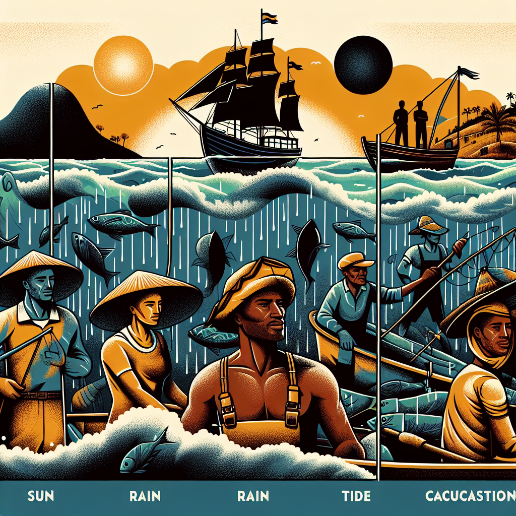 Uma ilustração mostrando o impacto de diferentes condições climáticas na atividade pesqueira, incluindo sol, chuva e mudanças nas marés, para destacar a adaptação necessária dos pescadores às condições variáveis.