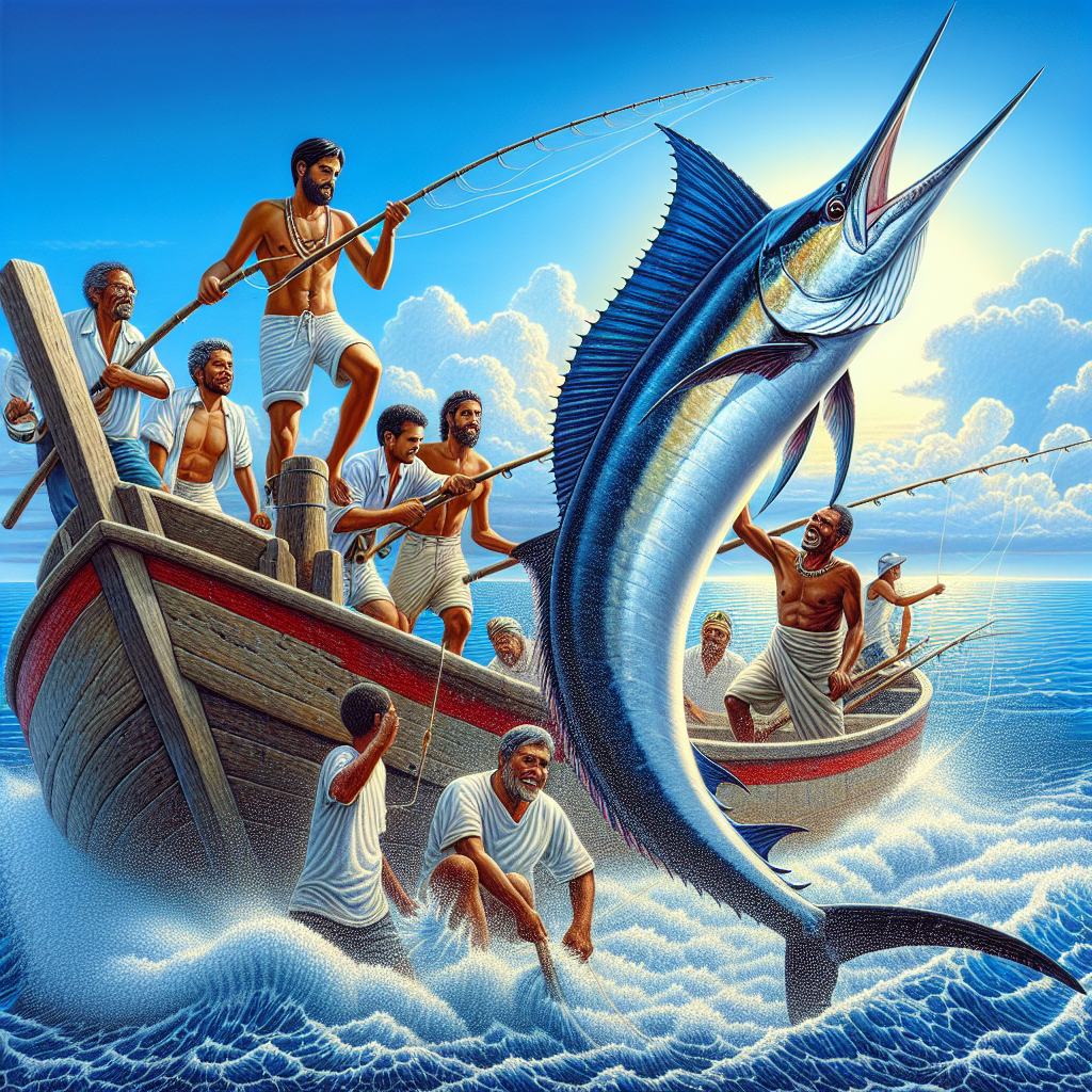 Barco de pesca em alto mar com pescadores segurando um grande marlin recém capturado sob um céu azul brilhante.