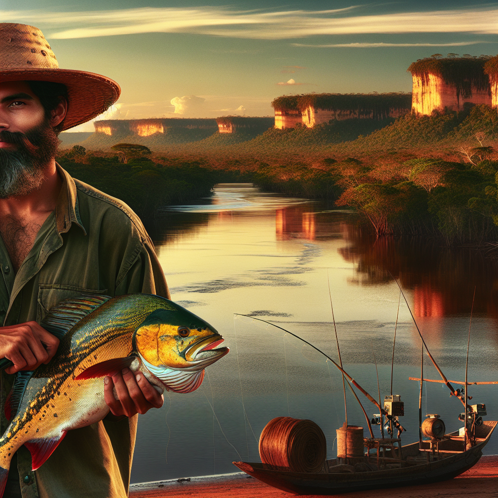 Um pescador segurando um grande dorado nas margens de um rio no Pantanal, com vegetação exuberante ao fundo.