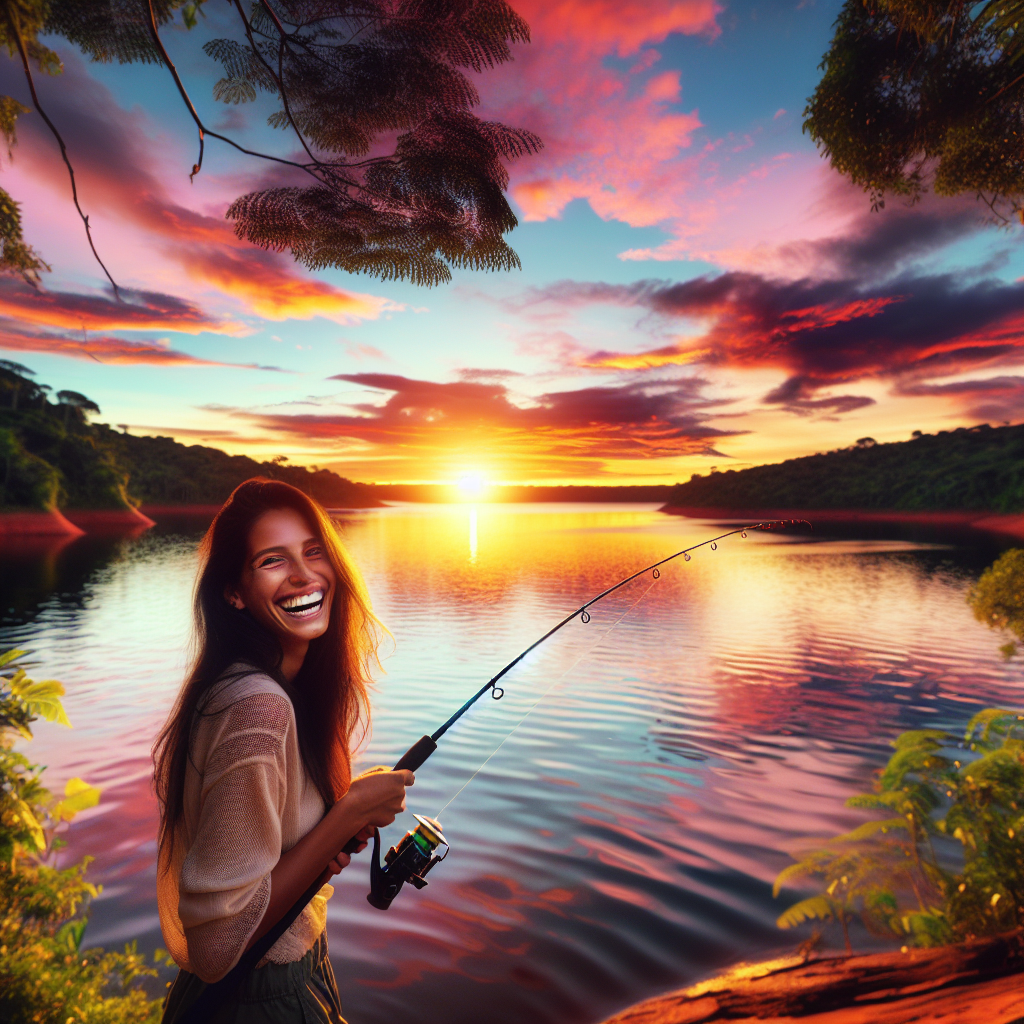 Mulher segurando uma vara de pesca à beira de um lago, sorrindo ao pôr do sol.