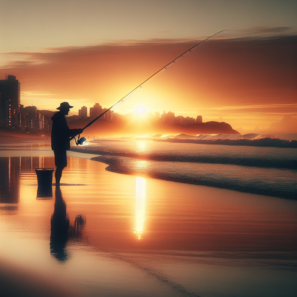 Uma vista panorâmica de um pescador na praia ao amanhecer, realizando a técnica de pesca surfcasting.