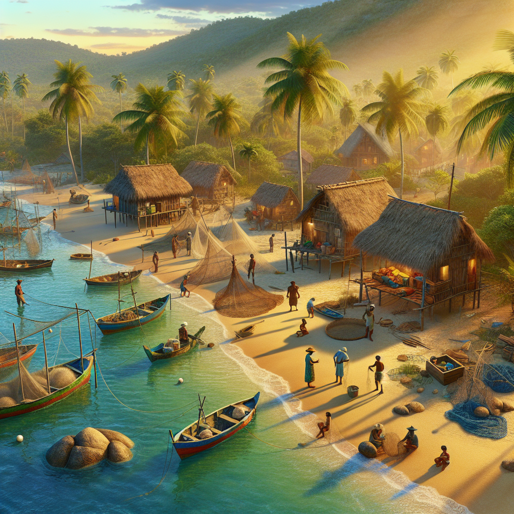 Uma vila de pesca digital com cabanas, recursos, e personagens interagindo