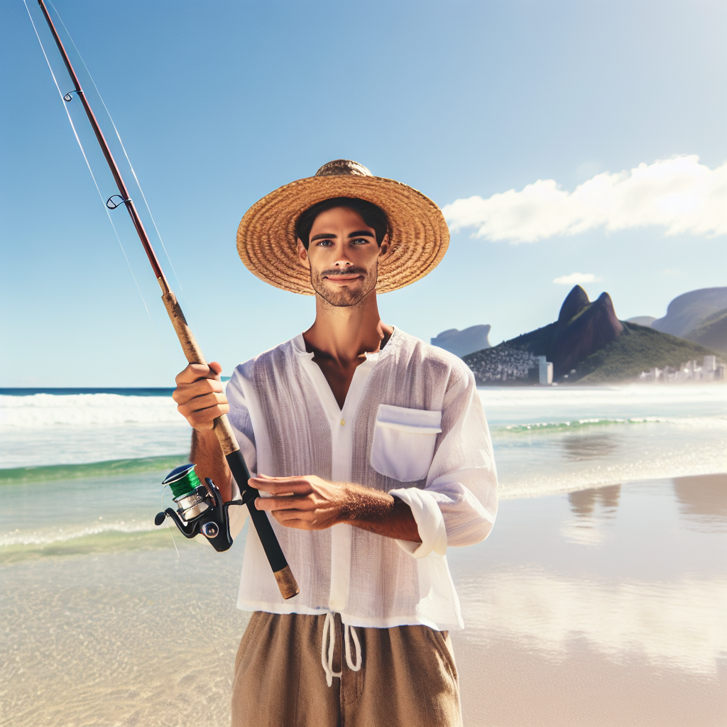 Um pescador iniciante na praia segurando uma vara de pesca, com o mar ao fundo, refletindo um dia ensolarado.