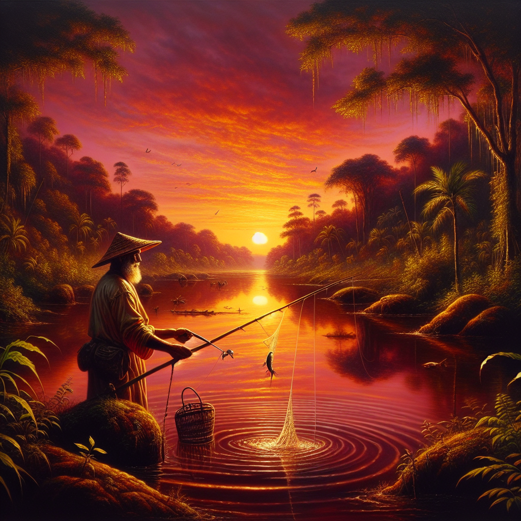 Imagem de um pescador em um rio, usando uma vara de pescar com mosca, cercado por vegetação exuberante ao pôr do sol.