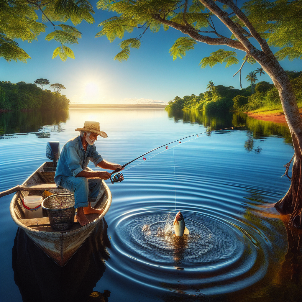 Imagem de um pescador em um barco pequeno, utilizando uma técnica de pesca com vara, com um lago tranquilo ao fundo e um peixe sendo cuidadosamente retornado à água.