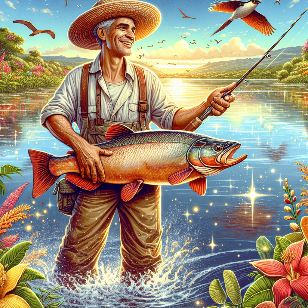 Imagem mostrando um pescador segurando um grande peixe de couro, com o rio ao fundo.