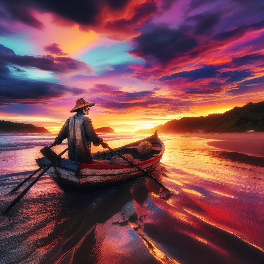 Um pescador em um lago à noite, com uma lanterna na cabeça e varas de pesca com linhas luminosas.